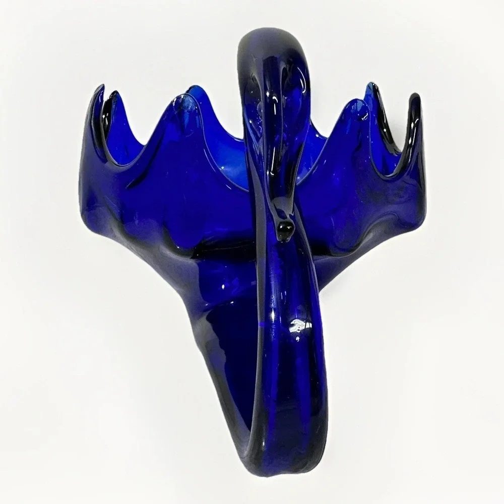 Vintage Cobalt Blue Blown Glass Swan Candy Dish MCM Decorative